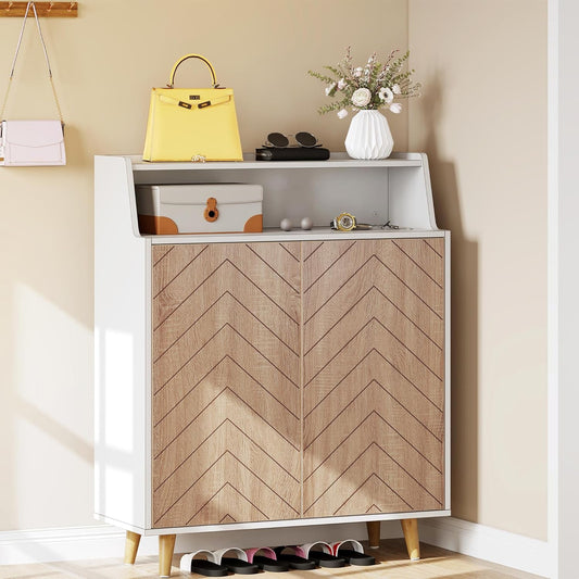 An open shoe cabinet with doors and a large-capacity wooden shoe rack with pine legs for entrance/corridor/closet