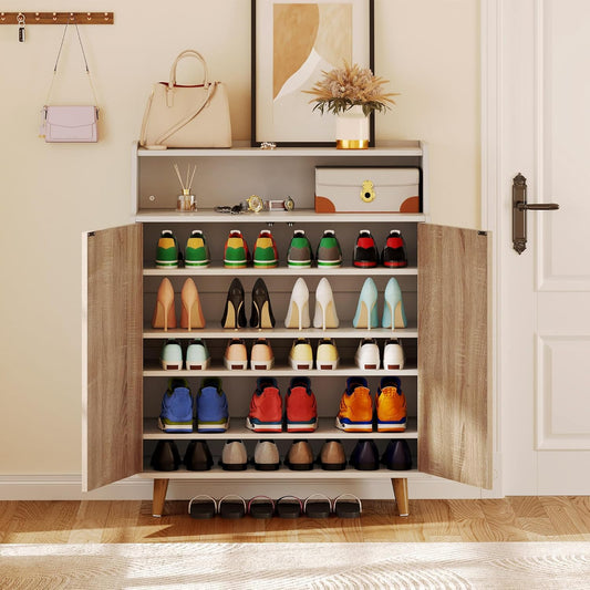 An open shoe cabinet with doors and a large-capacity wooden shoe rack with pine legs for entrance/corridor/closet